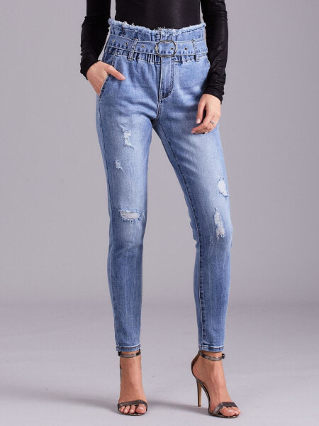Женские джинсы скинни с высокой посадкой укороченные голубые рваные Factory Price