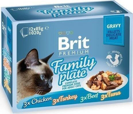 Влажный корм для кошек Brit, FAMILY PLATE SOS, кусочки, с курицей, уткой, говядиной и тунцом по 3 шт, 12x85г
