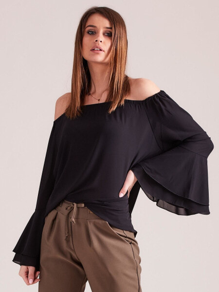Женская блузка с открытыми плечами и расклешенными объемными рукавами черная Factory Price