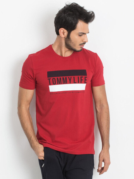 Мужская футболка повседневная красная с надписями Factory Price T-shirt-298-TS-TL-85135.05X-granatowy