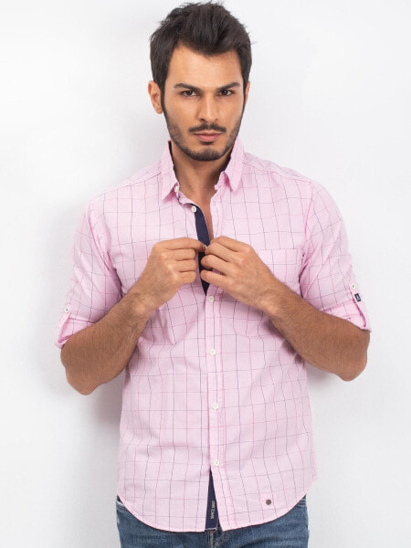 Мужская рубашка розовая в клетку с длинным рукавом свободная повседневная с карманом Factory Price-278-KS-11429.87P-jasny rowy