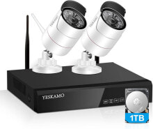 Умные камеры видеонаблюдения комплект Камеры наружного наблюдения YESKAMO с 12-дюймовым монитором, Беспроводной Системой видеонаблюдения NVR с жестким диском емкостью 1 ТБ, Ночным видением 30 м, Обнаружением движения