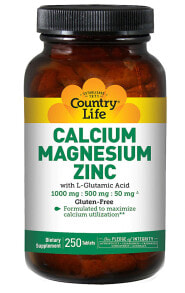 Кальций Country Life Calcium Magnesium Zinc   Кальций магний цинк с L-глутаминовой кислотой  250 таблеток