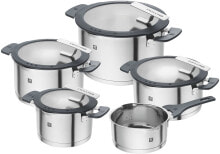 Наборы кастрюль ZWILLING Simplify 5 Piece Stainless Steel Saucepan Set with Integrated Strainer in Lid, Induction Suitable, Silver Black