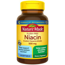 Витамины группы B Nature Made Flush-Free Niacin Ниацин - инозитол гексаникотинат - для поддержки нервной и кровеносной систем  500 мг 60 жидких гелевых капсул