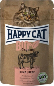 Влажные корма для кошек Влажный корм для кошек Happy Cat, Bio Organic, кусочки с говядиной, 85 г