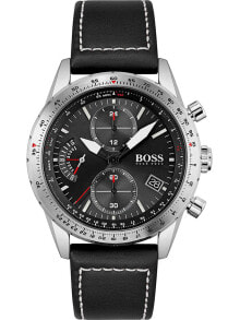 Мужские наручные часы с ремешком Мужские наручные часы с черным кожаным ремешком Hugo Boss 1513853 Pilot Edition chronograph 44mm 5ATM