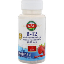 Витамины группы B KAL B-12 Methylcobalamin & Adenosylcobalamin Mixed Berry -- B-12 Метилкобаламин и Аденозилкобаламин с ягодным вкусом- 2000 мкг - 60 Микро таблеток