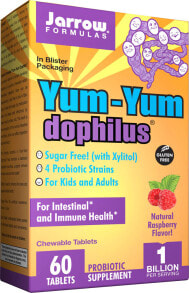 Пребиотики и пробиотики Jarrow Formulas Yum-Yum Dophilus Natural Raspberry  Пробиотик для детей и взрослых для поддержки здоровья пищеварения и иммунитета - 4 штамма 1 млрд КОЕ 60 жевательных таблеток