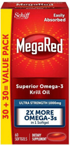 Рыбий жир и Омега 3, 6, 9 Schiff MegaRed Ultra Strength Softgels Krill Oil Омега-3 из рыбьего жира для здоровья сердца и суставов 1000 мг 60 гелевых капсул