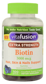 Витамины группы B Vitafusion Extra Strength Biotin Биотин для укрепления кожи, волос и ногтей 5000 мкг 100 мармеладок с натуральным вкусом черники