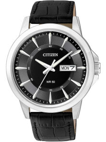 Мужские наручные часы с ремешком Мужские наручные часы с черным кожаным ремешком Citizen BF2011-01E quartz day-date mens 41mm 5ATM