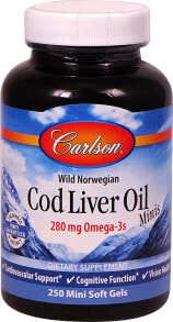 Рыбий жир и Омега 3, 6, 9 Carlson Norwegian Cod Liver Oil Масло из печени норвежской трески для поддержки сердечно сосудистой системы, зрения и когнитивной функции 250  мини капсул