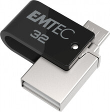 USB  флеш-накопители Emtec T260B, 32 ГБ, Тип USB-A/Micro-USB, 2,0, 15 МБ/с, Поворотный, Черный, Нержавеющая сталь